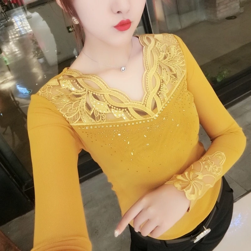 Yellow tshirt Модный сетчатый топ с вышивкой и бриллиантами, Осень-зима, Женский Топ с длинным рукавом, рубашка, одежда, Camiseta Mujer T98816 - Цвет: Yellow tshirt