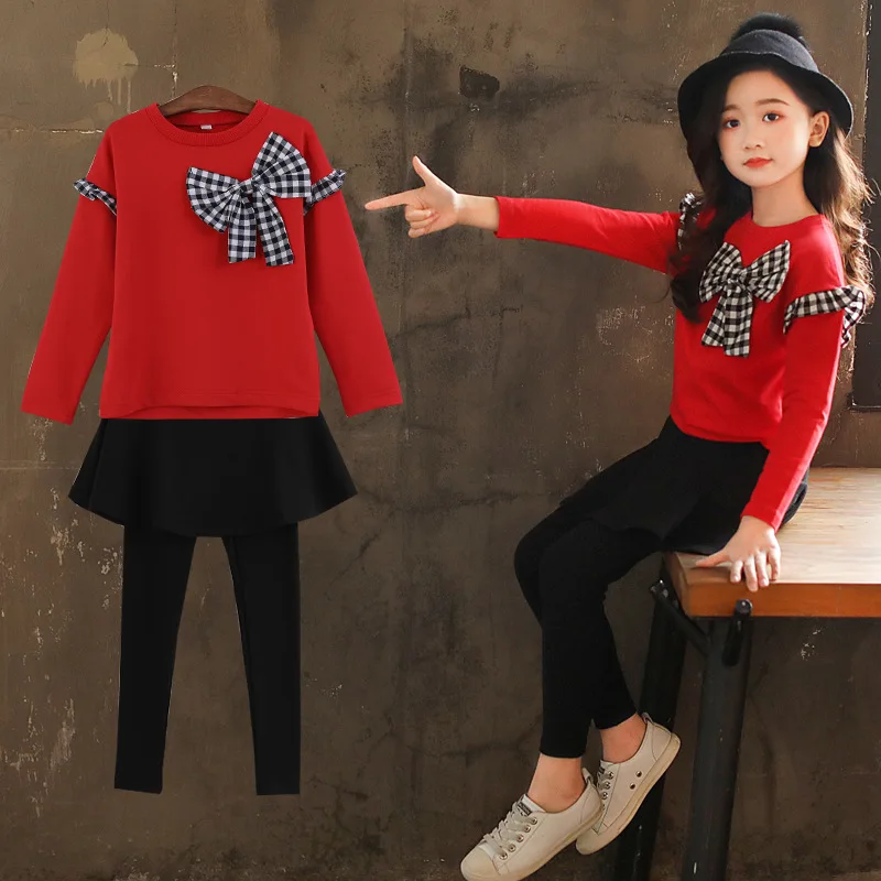 2022 spring Girls Clothes Bow long sleeve t Shirt + Legging skirt 2 Pcs Suit Winter Kids Teenager 4 5 6 7 8 9 10 11 12 Years