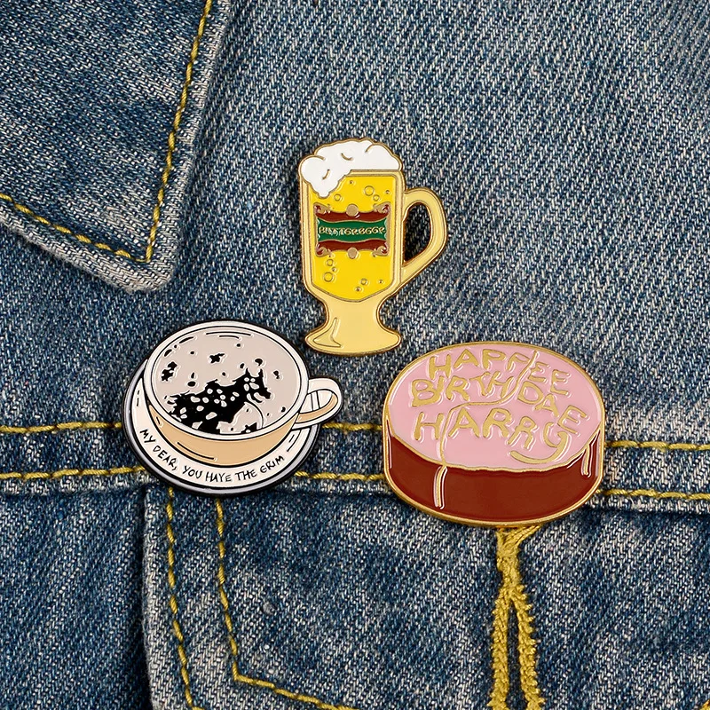 

Butterbeer Enamel Pin Custom Birthday Cake Coffee Brooches Shirt Lapel Bag Magic World Badge Book Movie Jewelry Gift for Fans