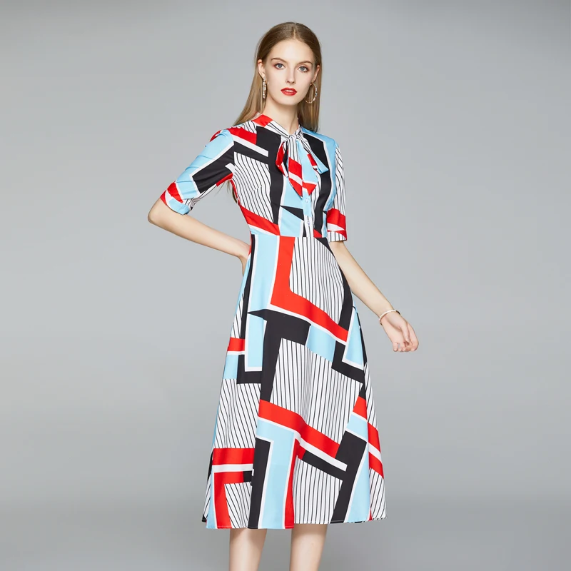 

2021 Summer Fashion Runway Vacation Chiffon Dress Women Bow Collar Stripe Geometry Floral Print Holiday Party Elegant Midi Dress