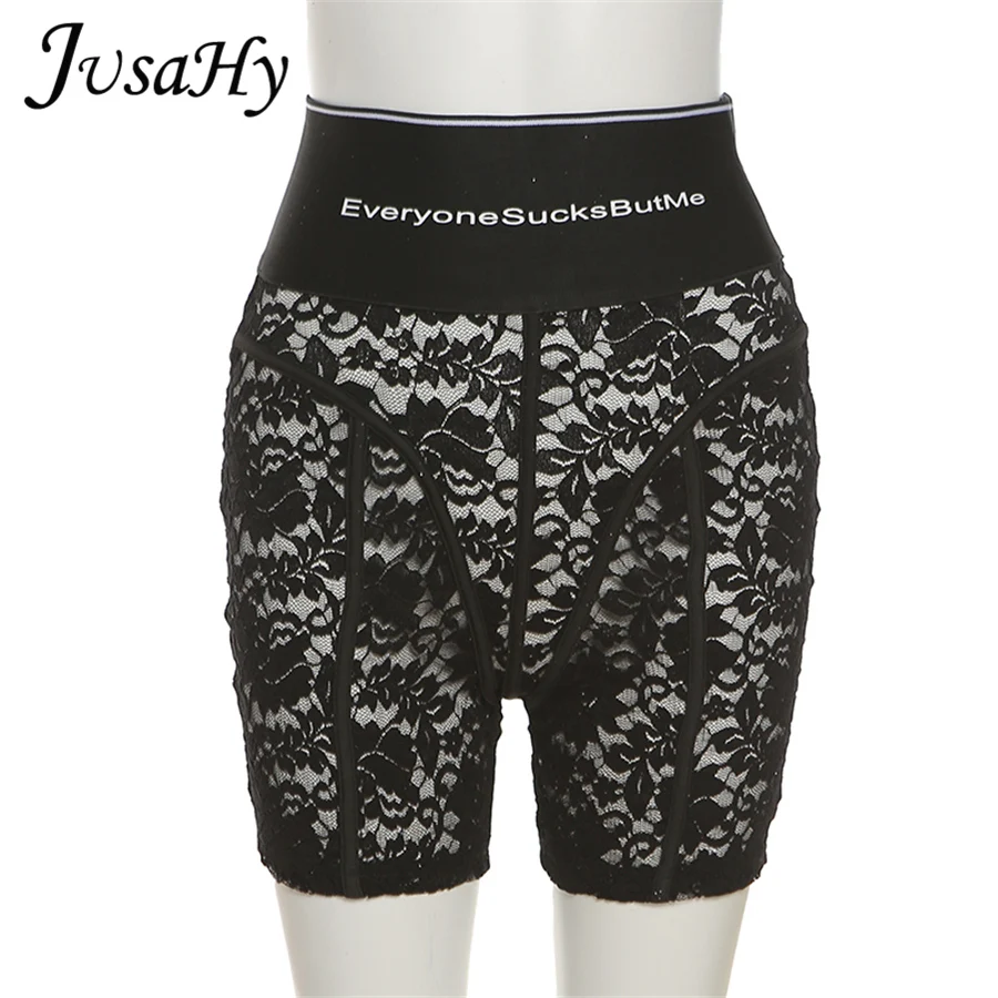 

JusaHy Y2K Lace up Skinny Letter Printing Pencil Shorts for Women Solid See Through Casual High-Waist Shorts Streetwear Summer