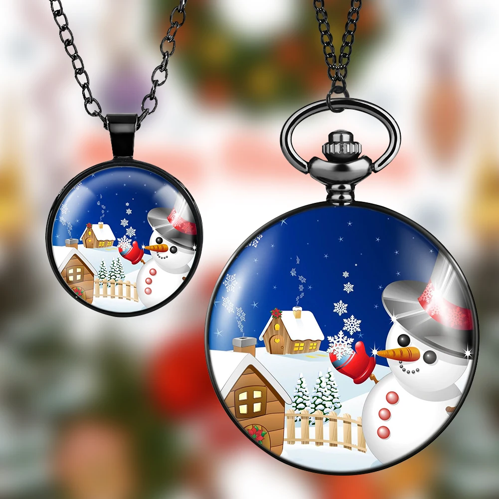Cute Snowman Pocket Clock Men's Quartz Digital Pocket Watch Women's Alloy Pendant Gift Set Box Christmas Eve Gift for Girlfriend