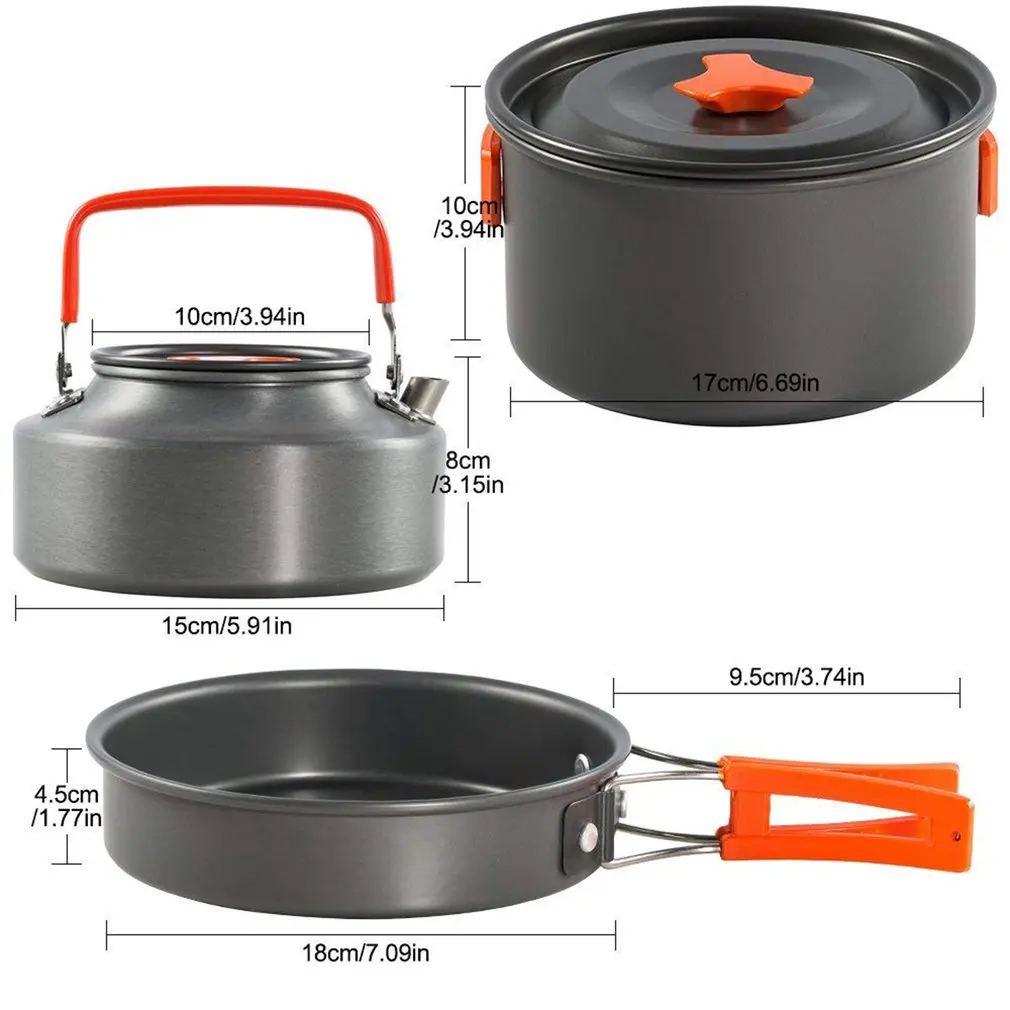 

3pcs/set Portable Aluminum Alloy Cookware Camping Pot Frying Pan Teapot Outdoor Supplies Picnic Stove Cooker For 2-3 People