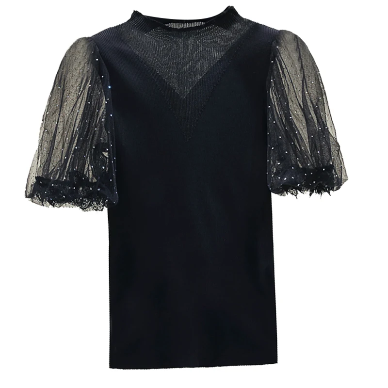 

Women Summer Tops Lace Short Sleeve Knitted T-shirt Slim Tops White Black T Shirt Female Top Lantern Sleeve Tshirt Tees Feminino