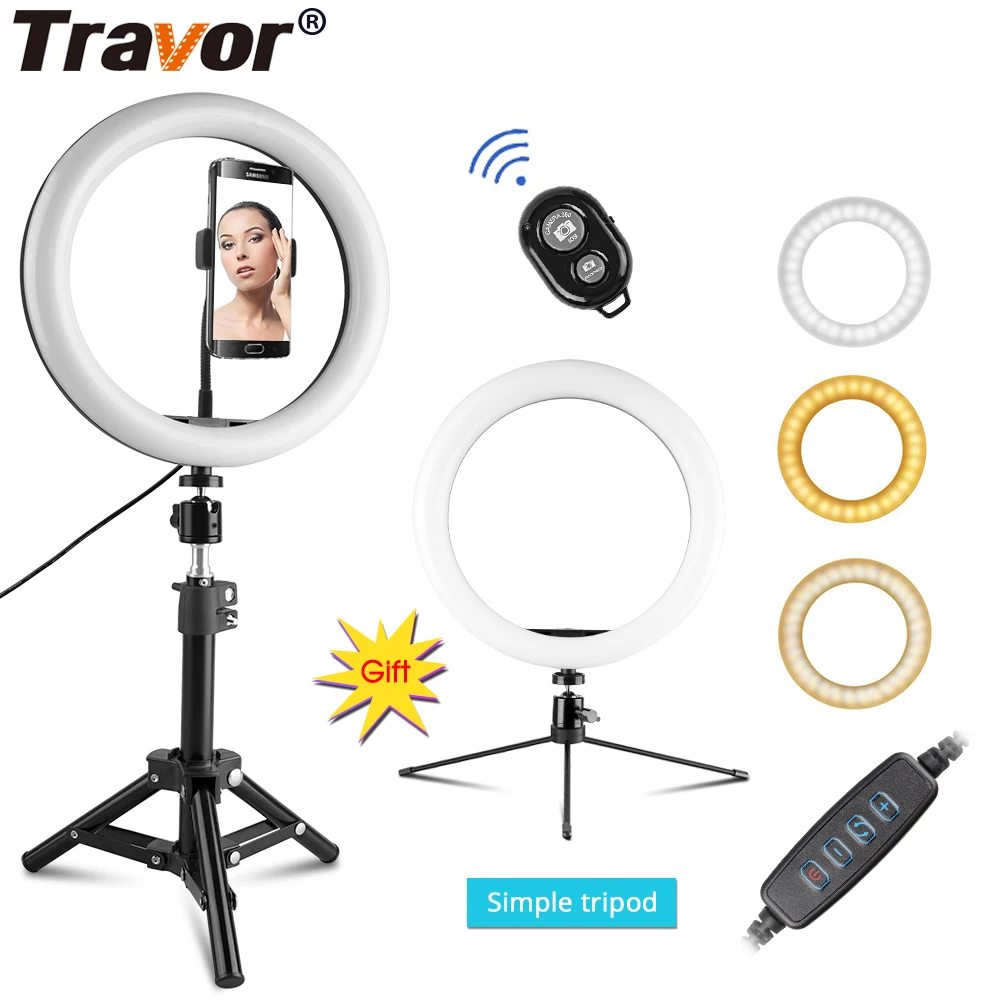 Travor кольцевой светильник 10 дюймов USB штепсельная кольцевая лампа со штативом Bluetooth пульт дистанционного управления кольцевой светильник с регулируемой яркостью для студийной фотосъемки Youtube