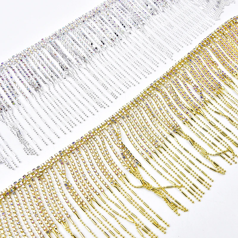 

1 Yard High Quality Gold Plating Fringe Chain DIY Crystal AB Rhinestone Long Tassel Trim Sew on Glass Clothes Wedding Decoration