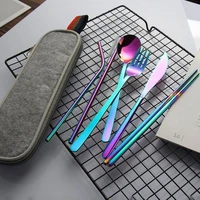 portable dinnerware set travel camping cutlery set with knife fork spoon metal straw chopsticks and portable case silverware set