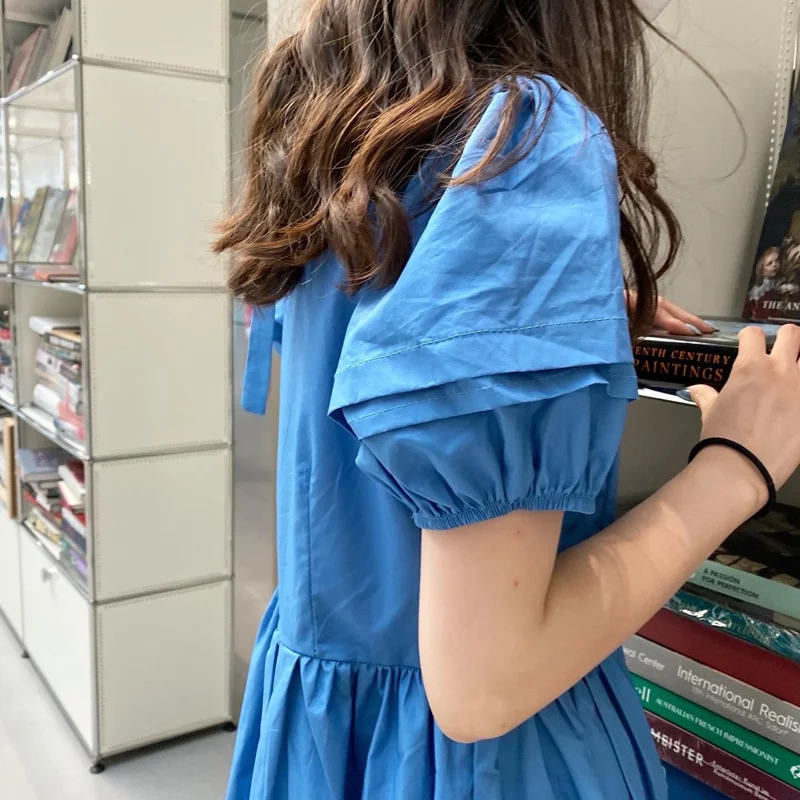 Платья Женские однотонные Ulzzang Простые Летние универсальные с пышными рукавами