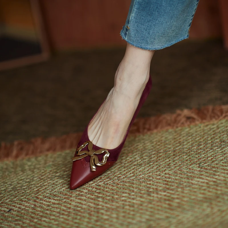 

Women Pumps Genuine Leather 22-25 cm length Cowhide stitching Sheep suede upper Bowknot pointed toe womens shoes 2 colors