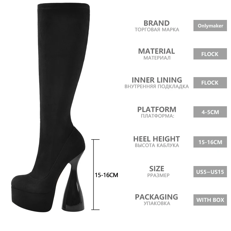 Onlymaker Platform Knee High Boots Black Flock High Elastic Spike Heels Side Zipper Boots Lady Big Size Big Size Fashion Boots