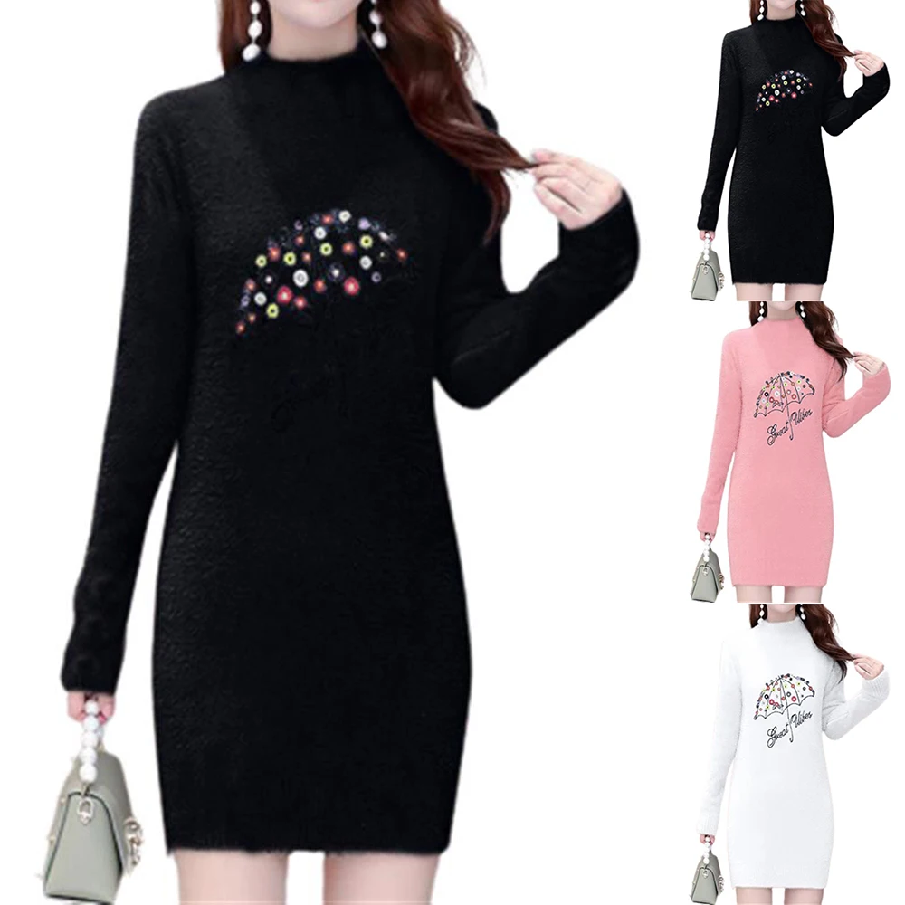 

Winter Warm Dresses Half High Neck Long Sleeve Printed Sweater Cotton Women's Autumn Sweater Dress Slim White Solid Soft