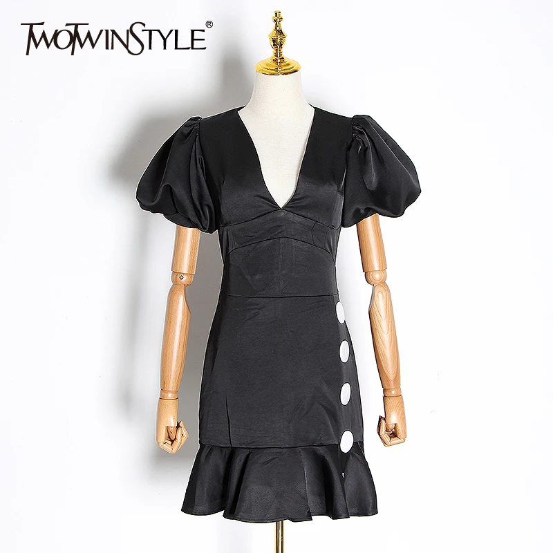 TWOTWINSTYLE винтажное женское платье с рюшами v образный вырез пышные рукава высокая