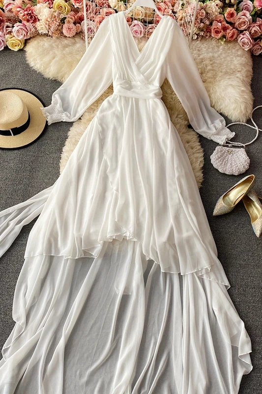 

2021 Women's sexy V-neck irregular white long dress fashion elegant long sleeve sashes party Maxi Dress beach big swing dress