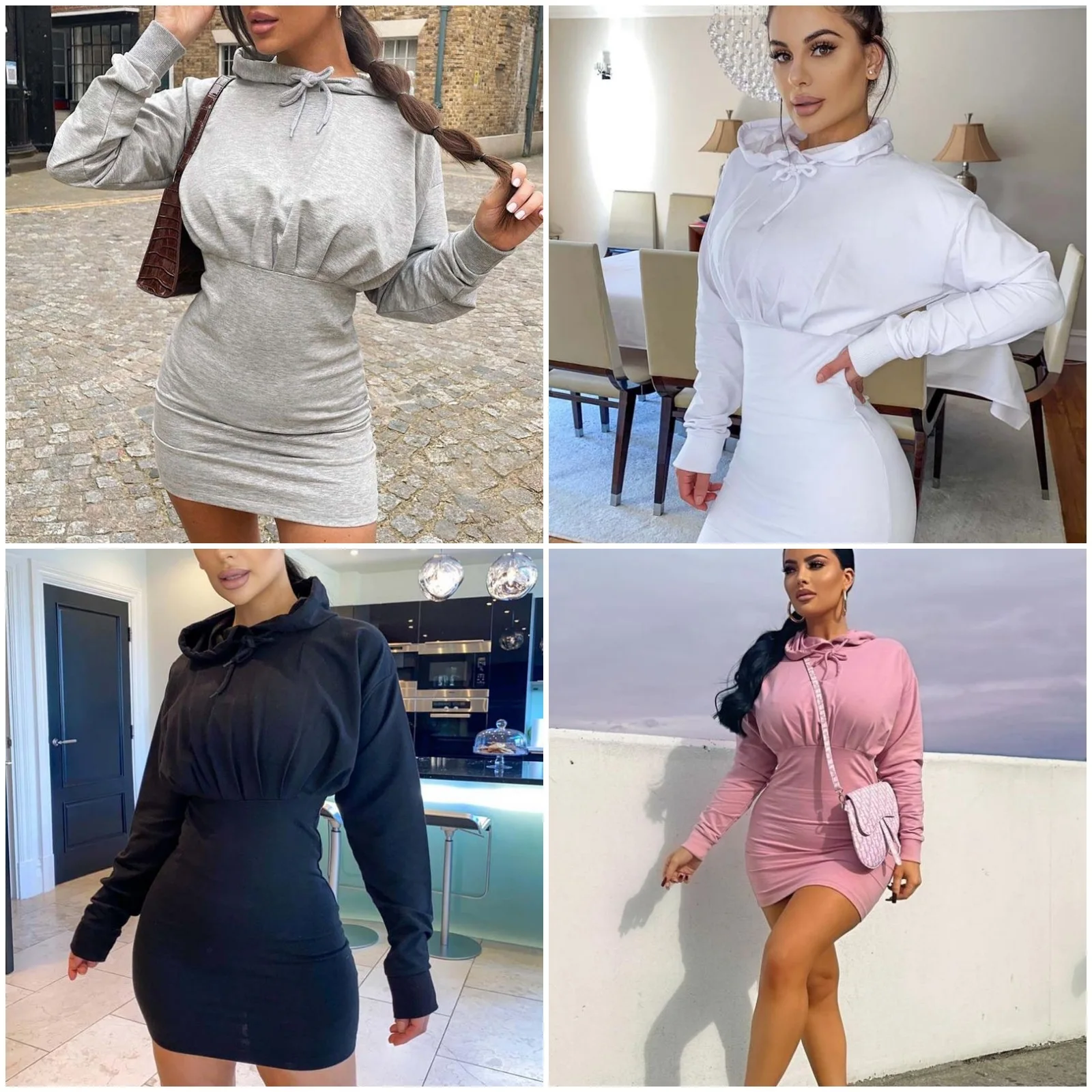 

SKMY Long Sleeve Dress Women Clothing Autumn And Winter New Hooded Round Neck Solid Color High Waist Pleated Slim Hoodie Dress