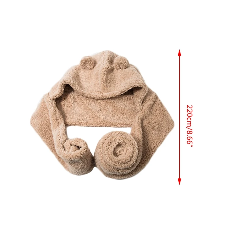

Women Winter 2 In 1 Hooded Long Scarf Beanie Hat Cute Bear Ears Thicken Fluffy Plush Earflap Cap Thermal Neck Warmer