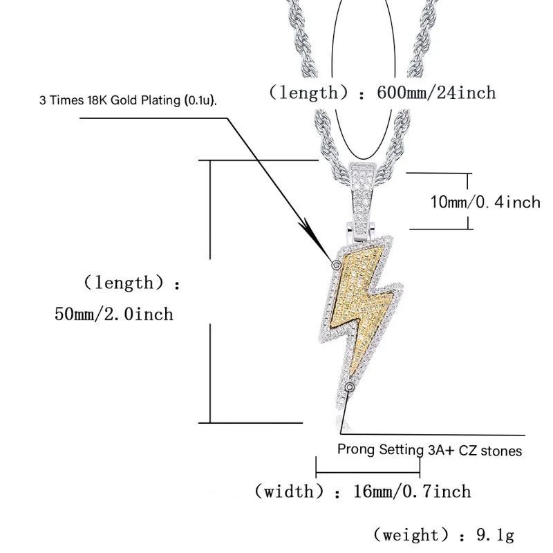 

D&Z New Fashion Micro Paved CZ Lightning Necklaces Pendants With Twisted Rope Chain Necklace For Men Iced Out Jewelry
