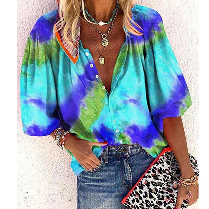 

Блузка женская с градиентным принтом, модная свободная повседневная с рукавом три четверти, с V-образным вырезом, размеры до 5XL, весна-осень