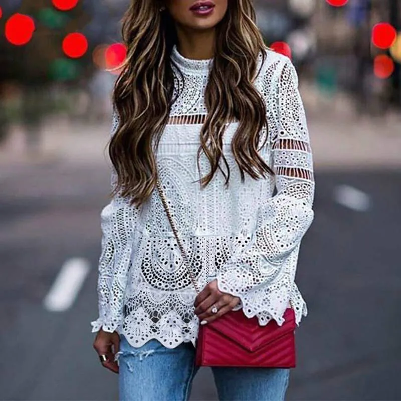 2019 Повседневная Женская Сексуальная Кружевная туника полые Топы Футболка Блузка