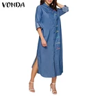 Винтажное платье для женщин, однотонные платья с длинным рукавом 2021 VONDA, повседневные рубашки с отложным воротником, праздничное платье
