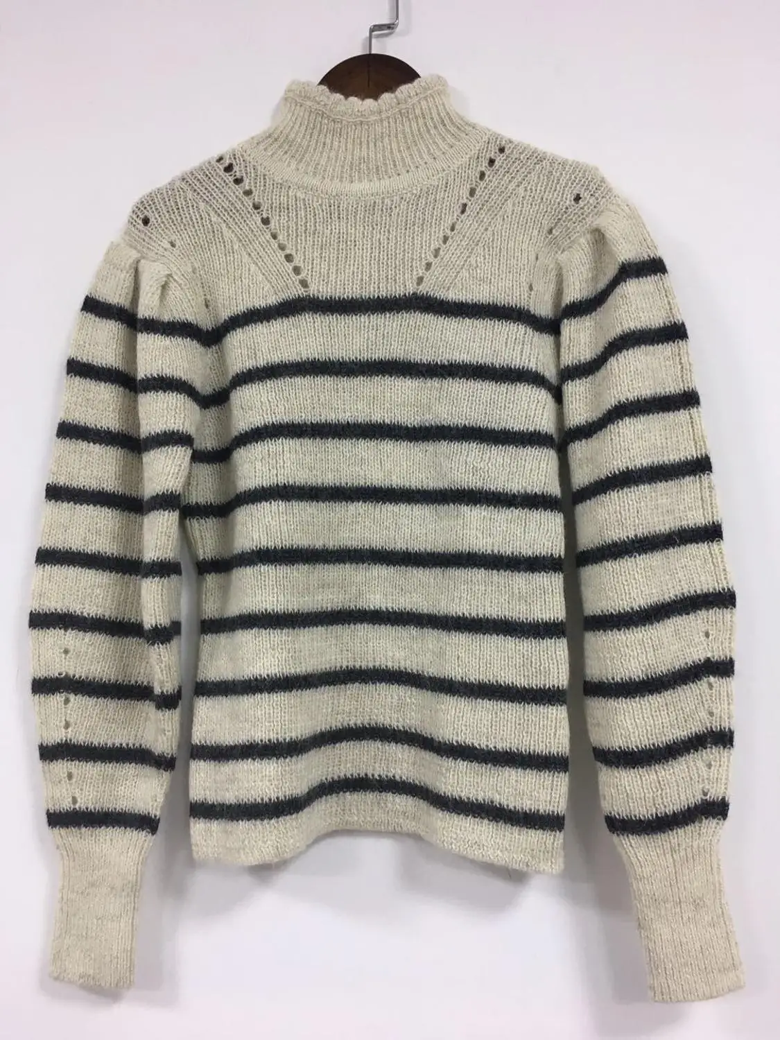 ESHINES High Quality Autumn Women Sweater Casual Turtleneck Puff Sleeve Hollow Out Striped Pullover Knitting | Женская одежда