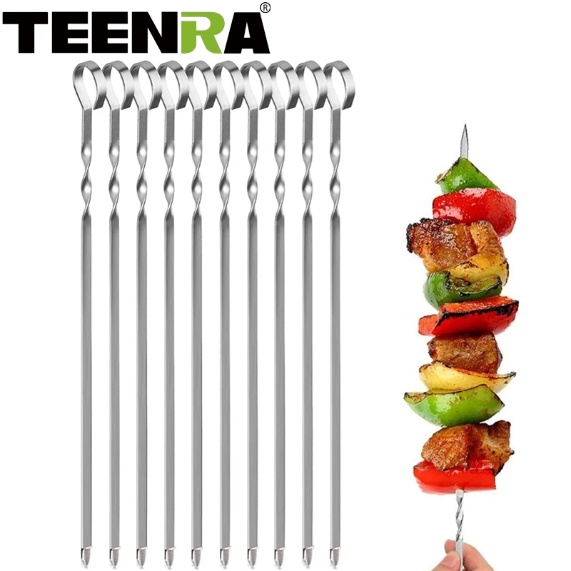 TEENRA 10Pcs BBQ Stainless Steel Needle Barbecue Meat String Barbeque Skewers Cooking Roasted Kitchen Accessories | Дом и сад