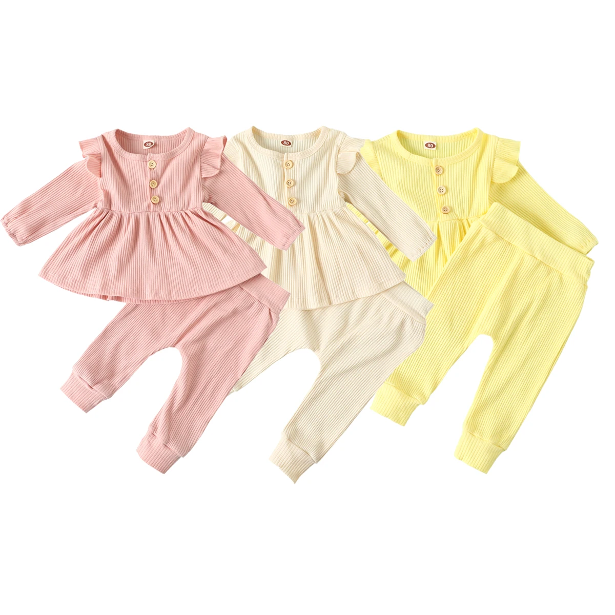 

Комплект из 2 предметов для девочек, однотонный топ с длинным рукавом и оборками для принцессы, длинные штаны, осенне-зимние комплекты для но...