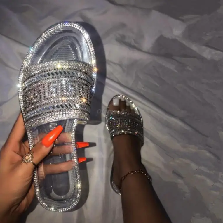 

Y Hot women new round head home flat slippers diamond sequins word jelly transparent color casual home sandals/slippers
