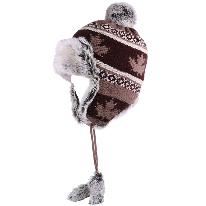 Женская шерстяная шапка ушанка вязаная авиатора с помпоном и Кленовым листом из
