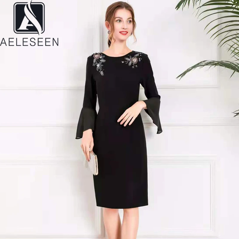 

AELESEEN Women Elegant Dress 2021 Runway Fashion Flare Sleeve Beading Embroidery Black Pink Office Ladies Drses
