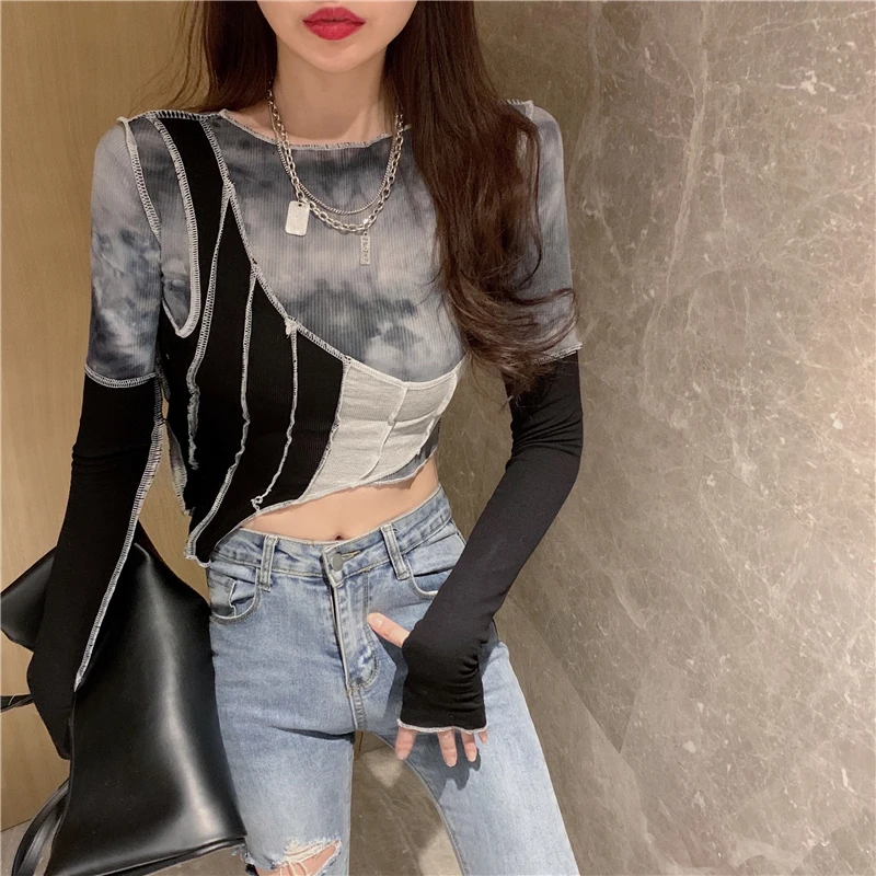 

Slim Tie Dye Color Matching Irregular Pacthwork T-Shirt Bottoming Shirt Short Women Round Neck Cotton Long Sleeved Tops