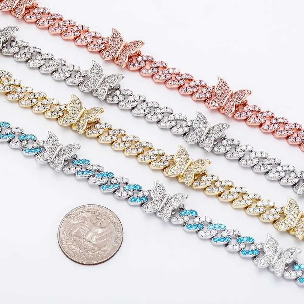 АЛЛИСЕОНЮ 8 мм Бабочка Кубинская цепочка ожерелье с инкрустацией из высококачественного кубического циркона блестящая хип-хоп-шармовая ювелирная украшение для женщин подарок на