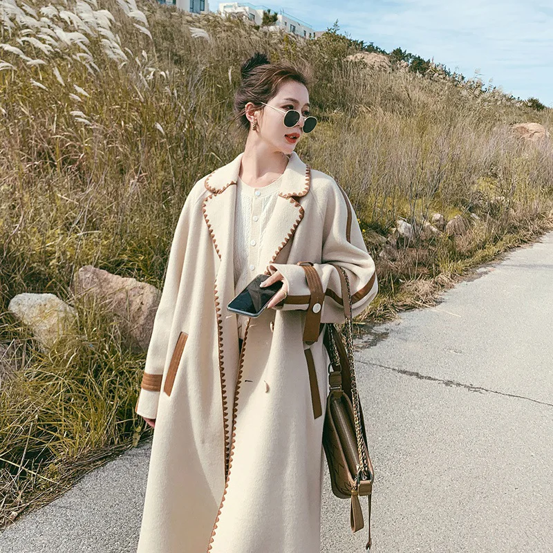 Beige Double-sided Woolen Coat Women's Long Autumn and Winter Contrast Color Hemming Loose High-end Woolen Coat