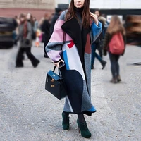 cardigan geometric colorblock lapel jacket print woolen fashion coat pattern womens ankle long lapel geometric pattern print lo