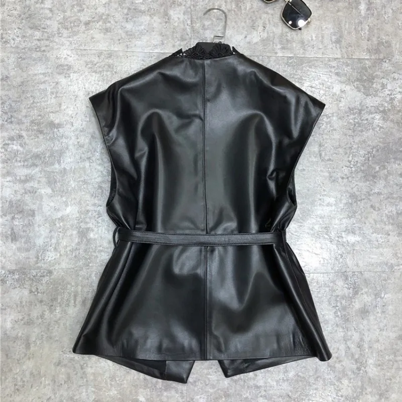 

100% OL Style Real Leather Vest Women Lace Splice Slim Sheepskin Sleeveless Jacket Streetwear Single Button Party Waistcoat