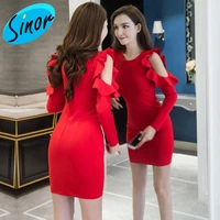 2020 new style for autumn and winter korean style ruffled slim fit sexy off shoulder long sleeve bottoming hip dress