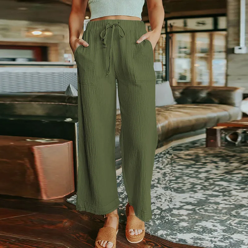 

Women's White High Waist Drawstring Pants Solid Wide Leg Ankle-length Trousers Loose For Women Casual Thin Fasion Summer 2021