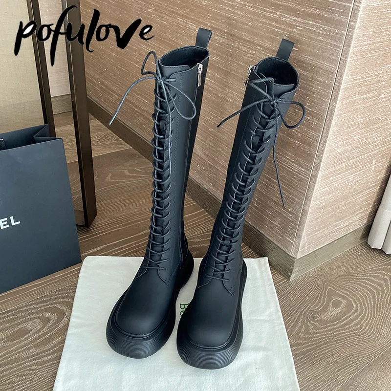 Женские ботфорты на платформе Pofulove черные кожаные сапоги до колена модные для