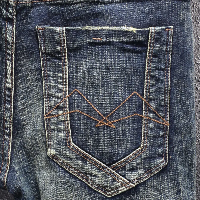 European Vintage Fashion Men Jeans High Quality Retro Blue Elastic Slim Ripped Jeans Men Embroidery Designer Casual Denim Pants