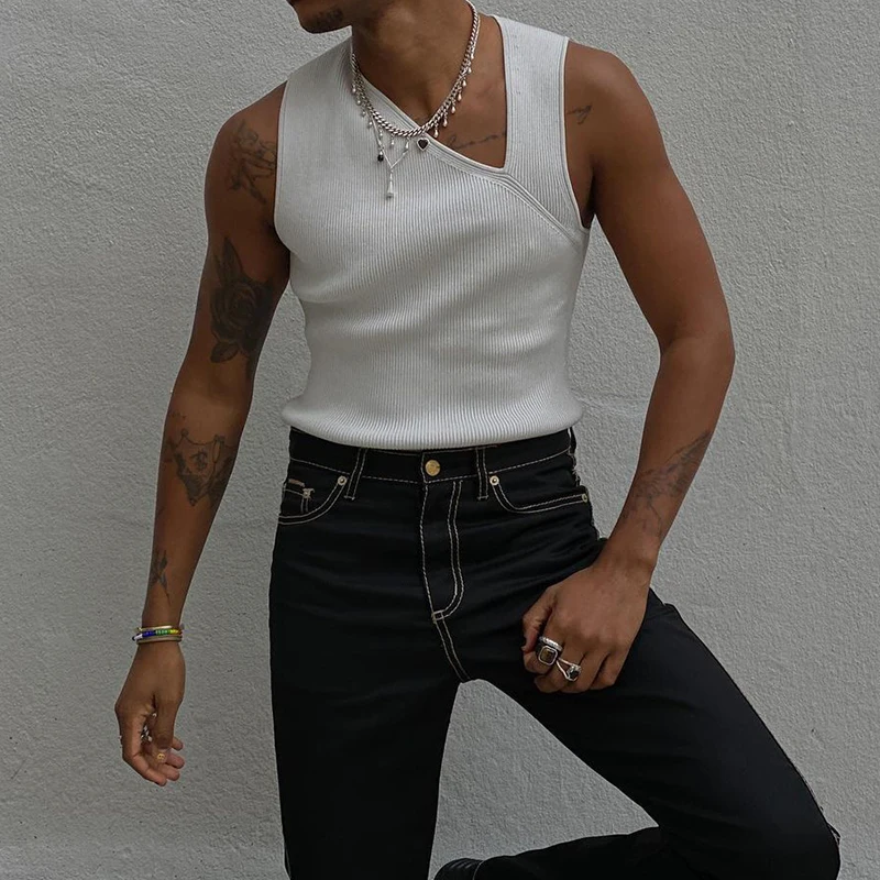 

Summer Men Casual Slim Fit Knitted Vest Tees White Solid Hipster Slash Neck Sleeveless Tank Top 2021 New Fashion Mens Streetwear
