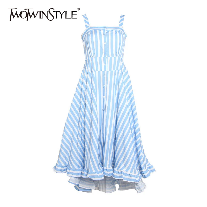 Женское миди-платье в полоску TWOTWINSTYLE летнее белое повседневное на бретельках без