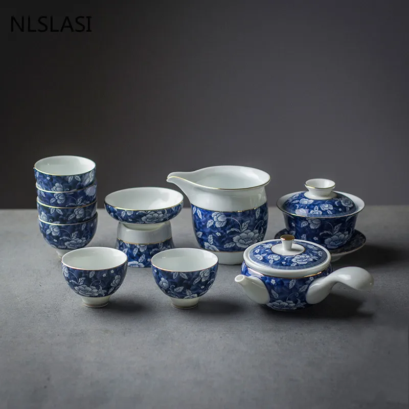 

Boutique Blue and White Porcelain Tea Sets Chinese Handmade Ceramic Teapot Home Kettle Strainer Teacups Travel Teaware Drinkware