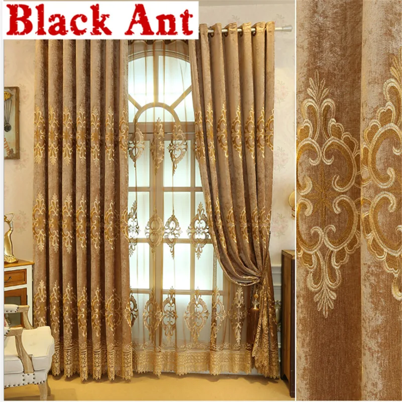 

European Chenille Curtain For Living Room Embroidery Window Blinds Drape High End Luxurious Sheer Curtain Home Decora X-ZH412
