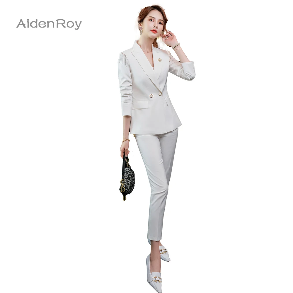 

2021SS элегантный брючный костюм женские деловые желтого цвета с длинными рукавами черного и белого цветов блейзер + брюки для девочек женские...