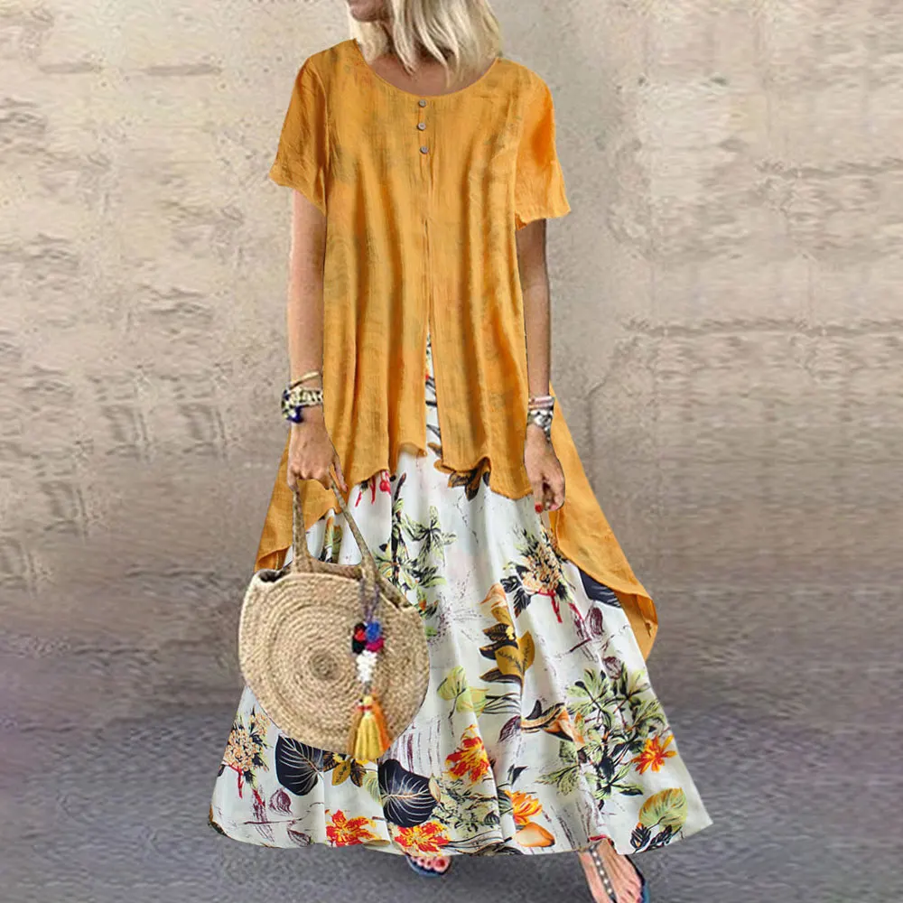 

Lady's Vintage Fake 2 Pieces Dress Summer Short Sleeve Floral Print Irregular Long Boho Cotton and Linen Loose Beach Dresses