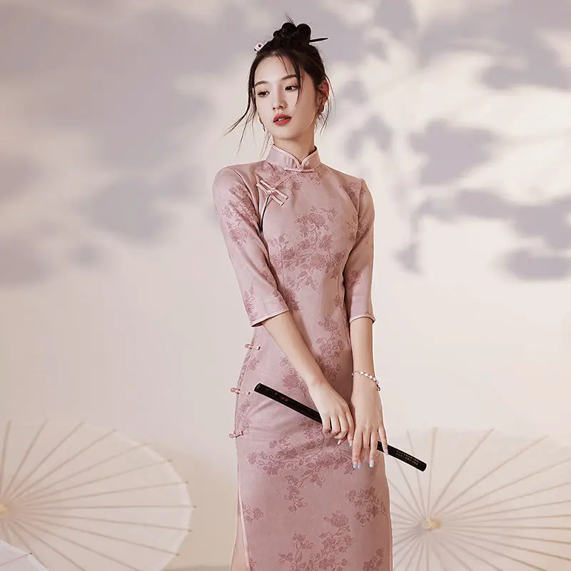 Cheongsam Qipao Chinese Dress Modern Pink Improved Cheongsam Retro Evening High-End Dress Cheongsam Elegant Floral Women Dress
