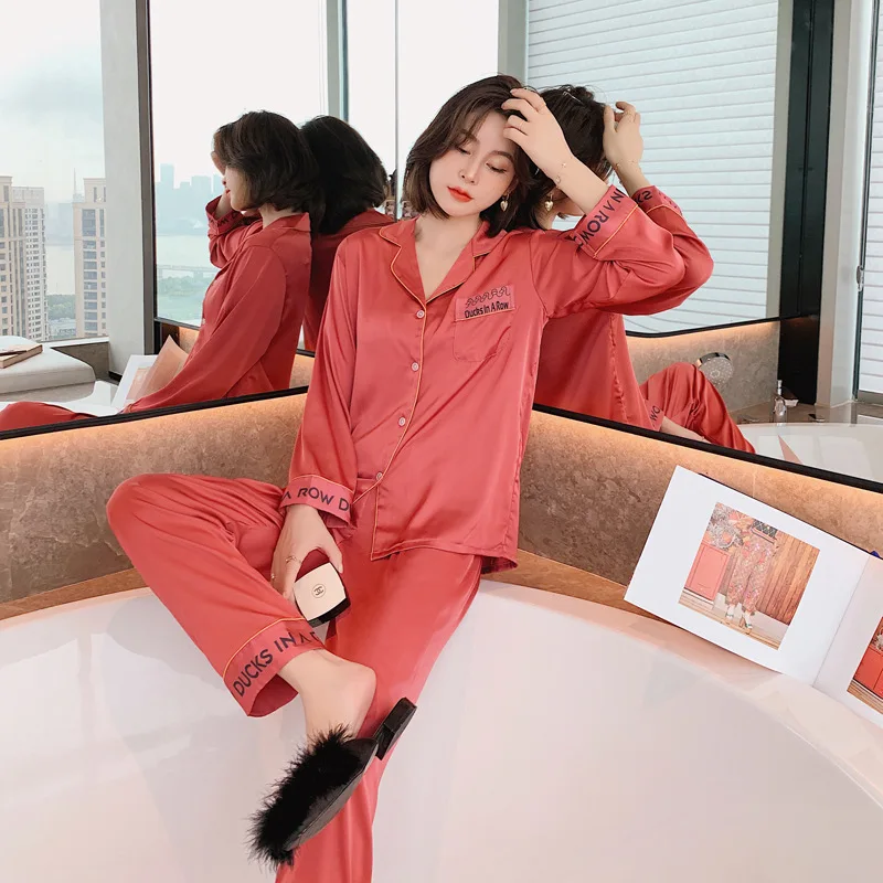 

Spring Long Sleeve Pajamas Set Silky Soft Satin Lady Sleepwear 2pcs Shirt&Pant Casual Loose Sleep Set Turn-down Collar Homewear