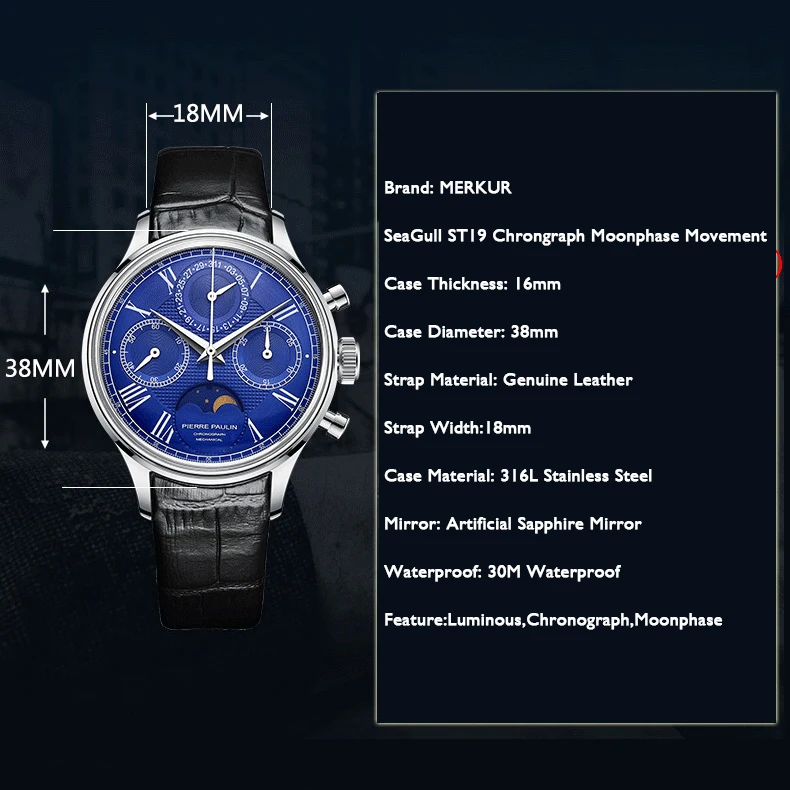 Мужские часы MERKUR с хронографом роскошные фазой Луны механические наручные