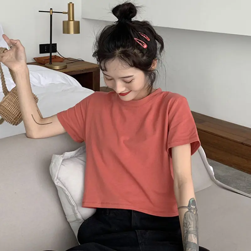 

Cotton Short T-shirt Girl's Top Student Korean Version Loose Casual 2021 Summer New Fashion Solid Color Round Neck T-shirt