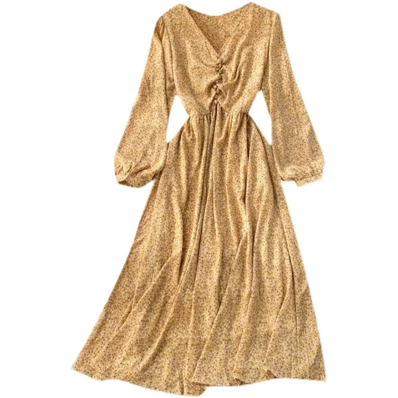 

Bohemian Floral Dress Women Puff Sleeve Ruched V Neck A-line Dresses Autumn French Retro Print Holiday Midi Long Dress
