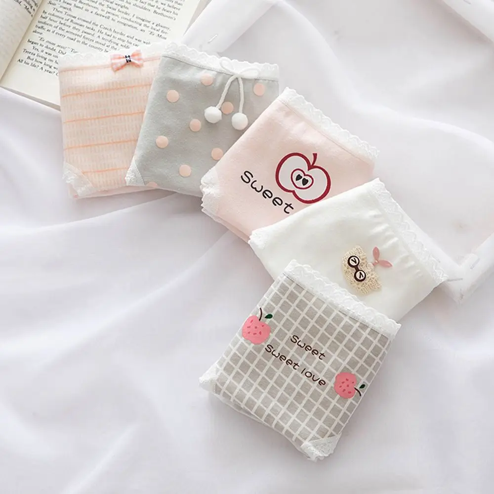 

Breathable Elastic Mid Waist Sweet Plaid Girl Polka-dot Lace Panties Printed Briefs Women Intimates